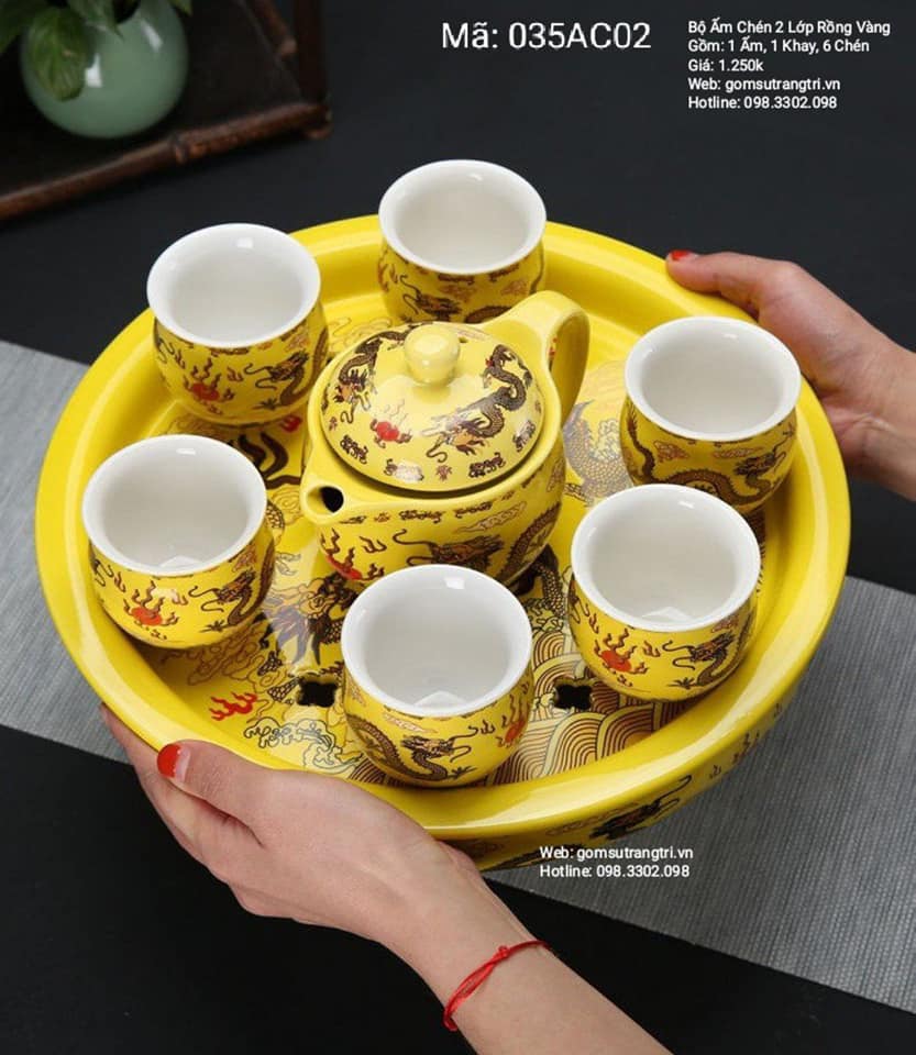 BỘ ẤM CHÉN 2 LỚP RỒNG VÀNG